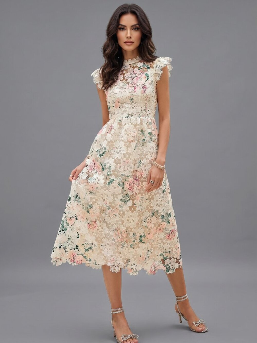 Women's Floral Lace Midi Dress Cap Sleeve Wedding Guest Party Cocktail